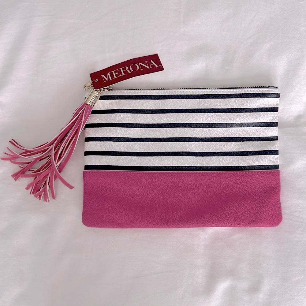 Merona Brand Pink Black and White Striped Clutch Purse - Brand New